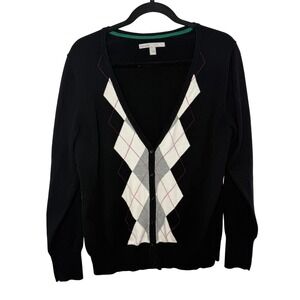 Old Navy Argyle Button Front Cardigan Sweater Black Cotton Size‎ L Preppy Y2K